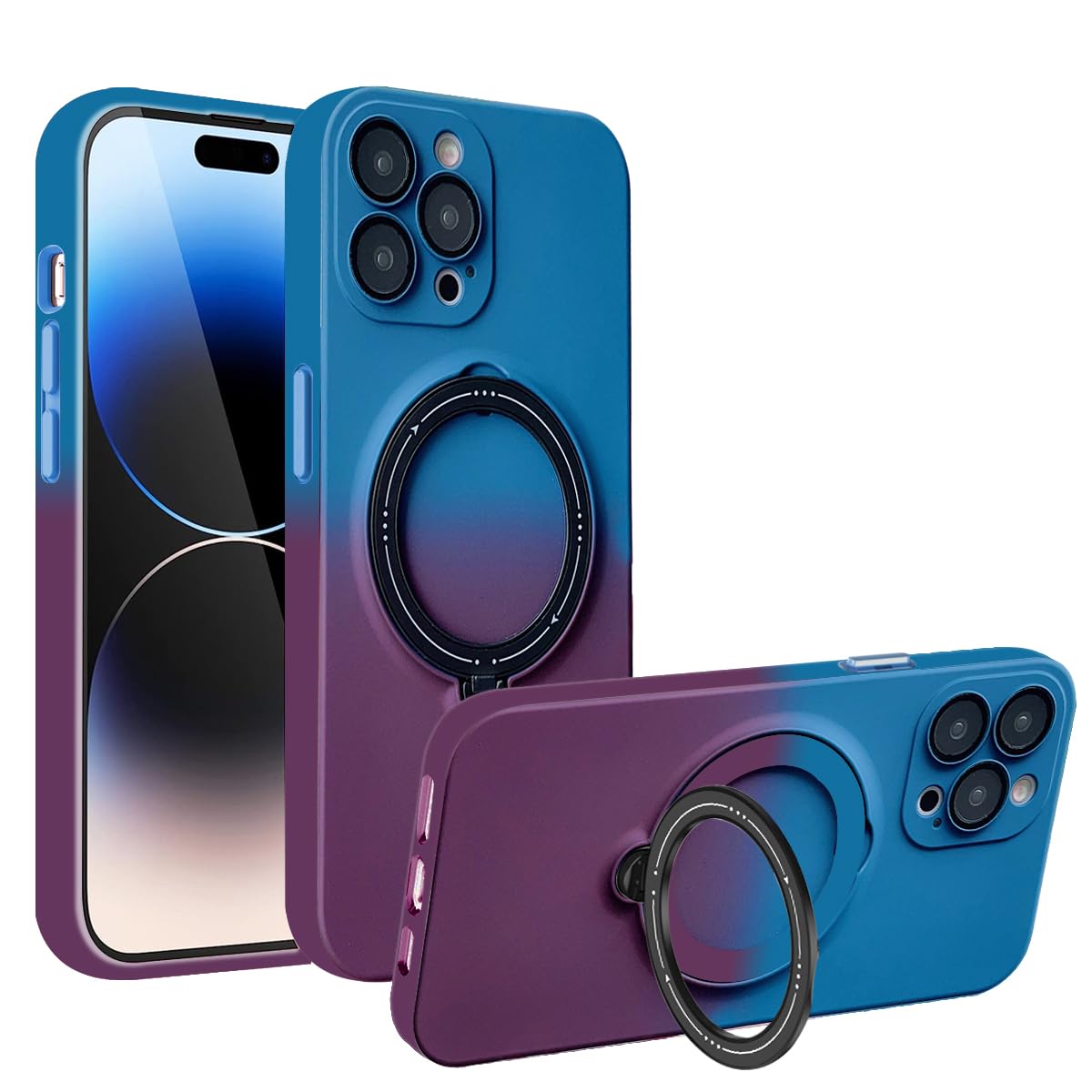 Photo 1 of Guppy for iPhone 14 Pro Max Case with Magnetic Fitting Stand for MagSafe Case, Gradual Change Soft Liquid Silicone Shockproof Full Camera Protector Cover Phone Case-Purple+Blue