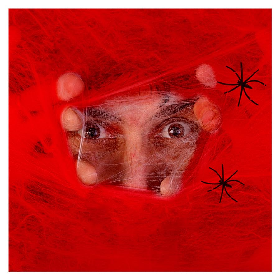 Komonee 5 x Spiderweb Halloween Stretchy Fake Spider Cob Web with Spiders Indoor Outdoor Garden Haunted House Party Decoration Red