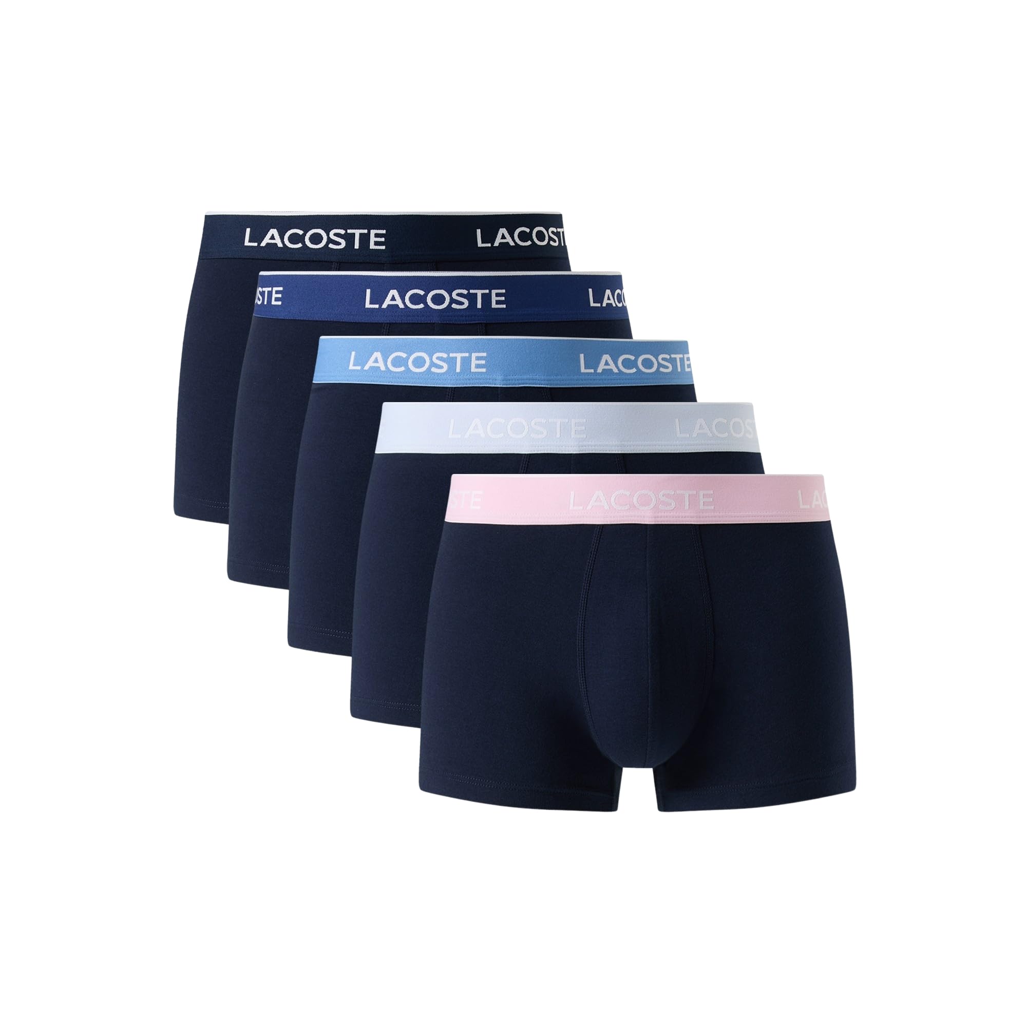 Lacoste Men’s Cotton Stretch Essentials Trunks, 5-pack (Amazon Exclusives), Navy Blue/Albizia/Phoenix, Small