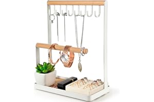 PAMANO Jewelry Stand Organizer with Velvet Ring Holder, 3-Tier Necklace Hanging Wooden Ring Storage Earring Tray, 8 Hooks Bracelets,Rings & Watches Display On Desk Tabletop - White