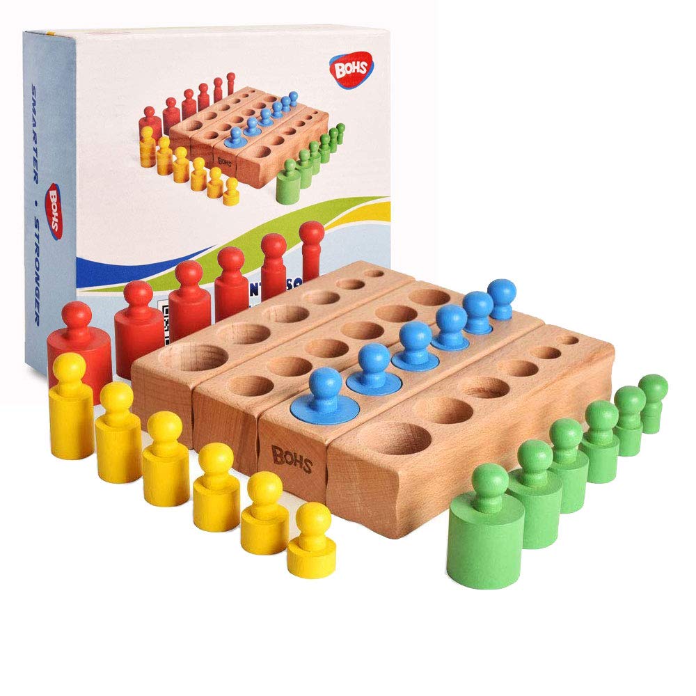 Photo 1 of BOHS Montessori Knobbed Cylinders Blocks - 6 Pegs / 6.7 Inches - Colorful Wooden Early Home School Toys - 4pcs Set