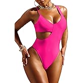 Pink Queen Women's Sexy One Piece Swimsuit Scoop Neck Cutout Waist Tummy Control Bathing Suit Swimwear