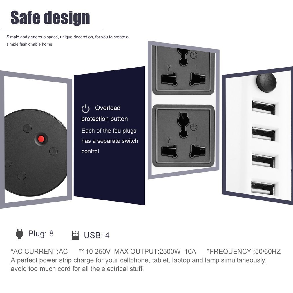 Tour Multiprise, Parasurtenseur Parafoudre avec 8 Prises EU et 4 Ports USB Individuels, Barrettes D\'alimentation Portables, Base Ronde, 3 Commutateurs Indépendants, Câble D\'alimentation Plus Épais