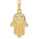 JewelryWeb 14k Yellow Gold Solid Satin Polished Jewish Hand of God with Religious Judaica Star of David Pendant Necklace 17x13mm Pendant for Women