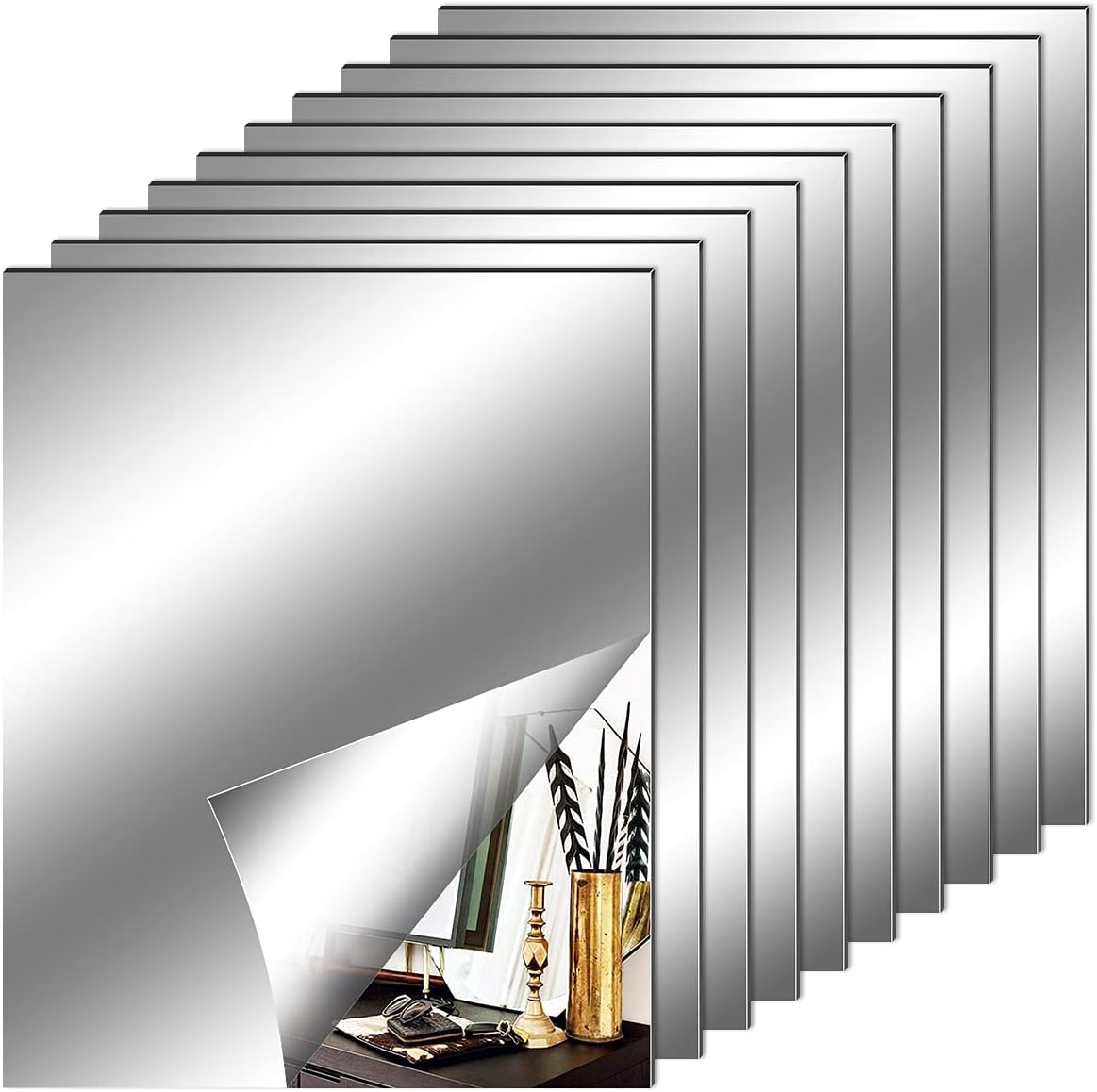 Mirrors - Fantasyon 10 Pieces Flexible Mirror Sheets, Self Adhesive Decorative Plastic Mirror Tiles Non-Glass Mirror Stickers for School Educational and Home Wall Decor(10x12 Inch)