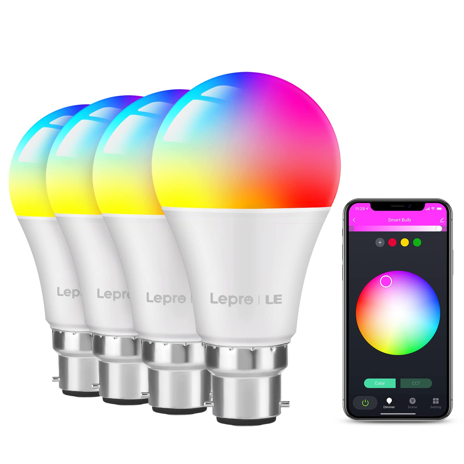 Lepro Smart Bulb Bayonet, B22 Alexa Light Bulbs, Colour Changing Smart Light Bulb, Dimmable Warm White WiFi Bulb, Works with Alexa and Google Home, 9W, 806lm, 2700K, Pack of 4 (2.4GHz WiFi Only)