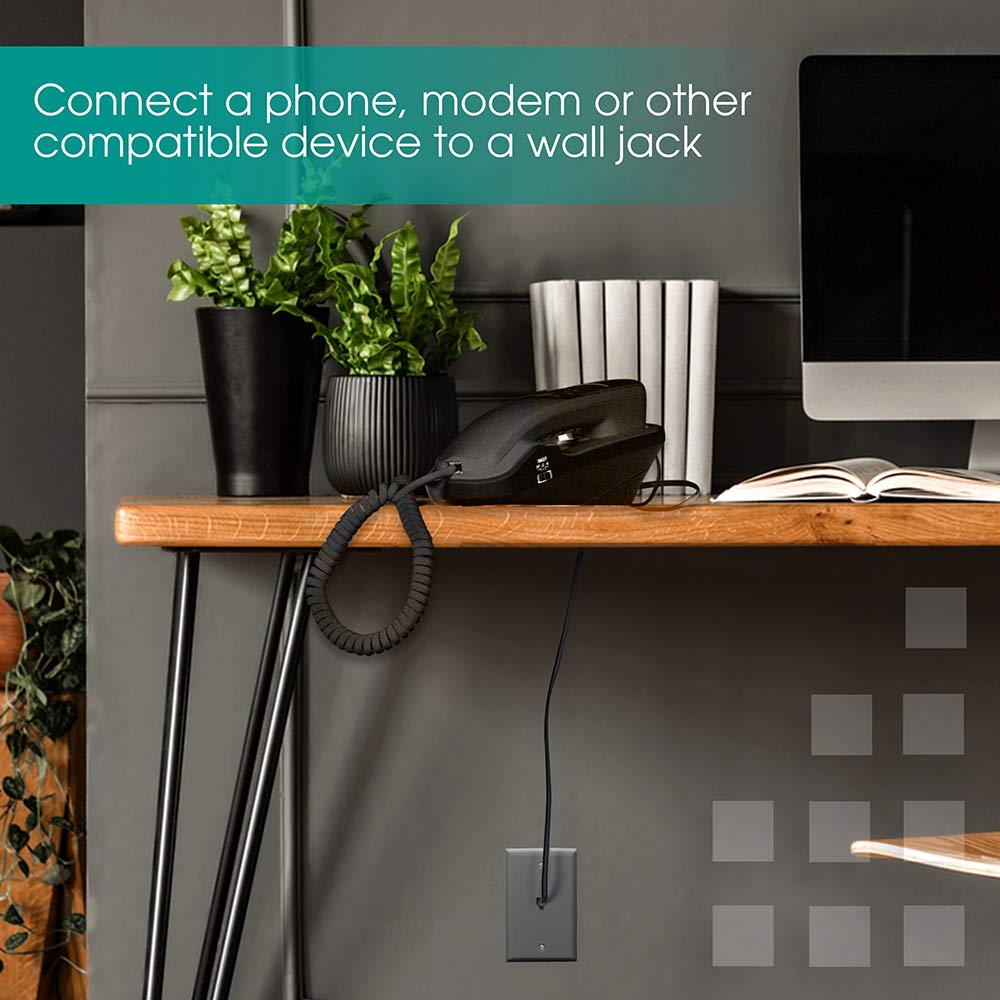 power gear Telephone Line Cord, 2 Pack, 15 Feet, Black Phone Cord, Modular Jack Ends, Works for Phone, Modem or Fax Machine, for Use in Home or Office, 46076