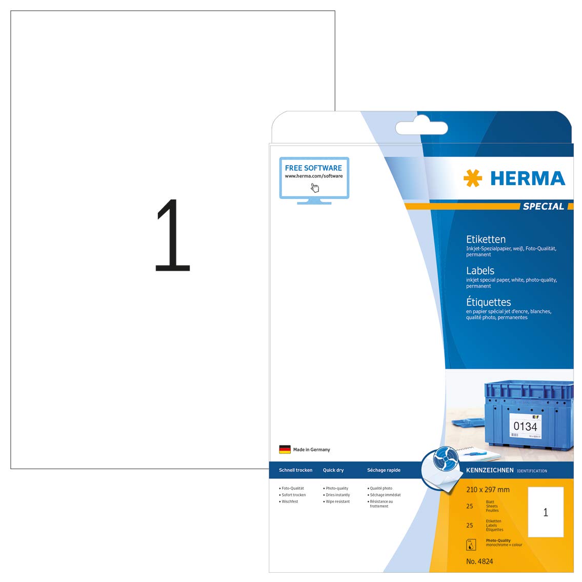 HERMA Self Adhesive Multipurpose Inkjet Labels, 1 Label per A4 Sheet, 25 Sheets, 210 x 297 mm, 25 Labels, Blank Universal Labels Stickers, Sticky Labels for Inkjet Printer, White