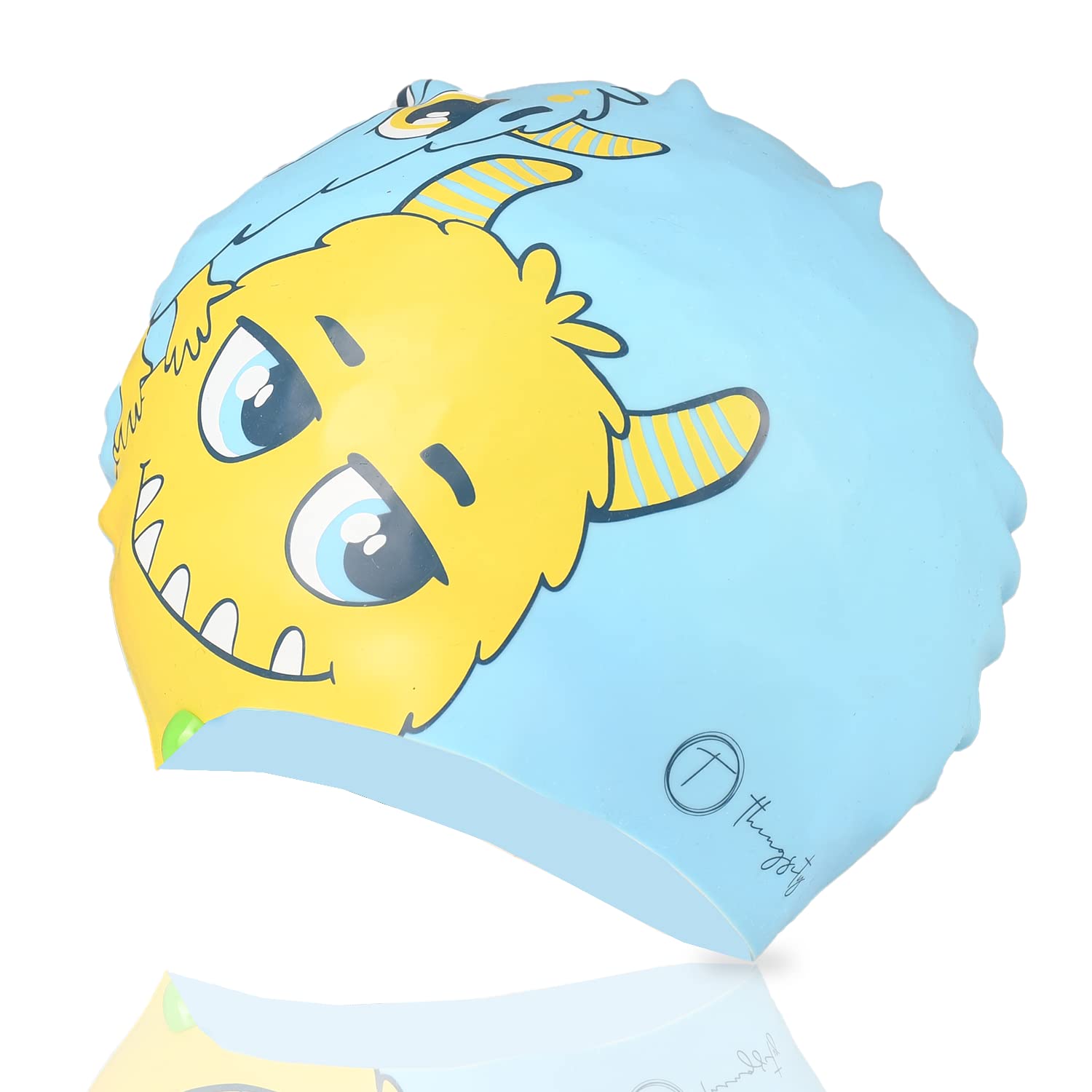 THINGSITY Kids Swim Cap - Comfortable and Durable Waterproof Hat for Long and Short Hair, Beats Chlorine, Non-Slip Lining and Waterproof Design and Protection (Blue Monster)