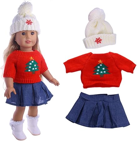 Amazon Co Jp Hisoul 人形用洋服 ハンドメイド かわいいセータートップ クリスマスツリー柄 衣装 ドレススカート 18インチ アメリカンガールドール服 レッド d おもちゃ