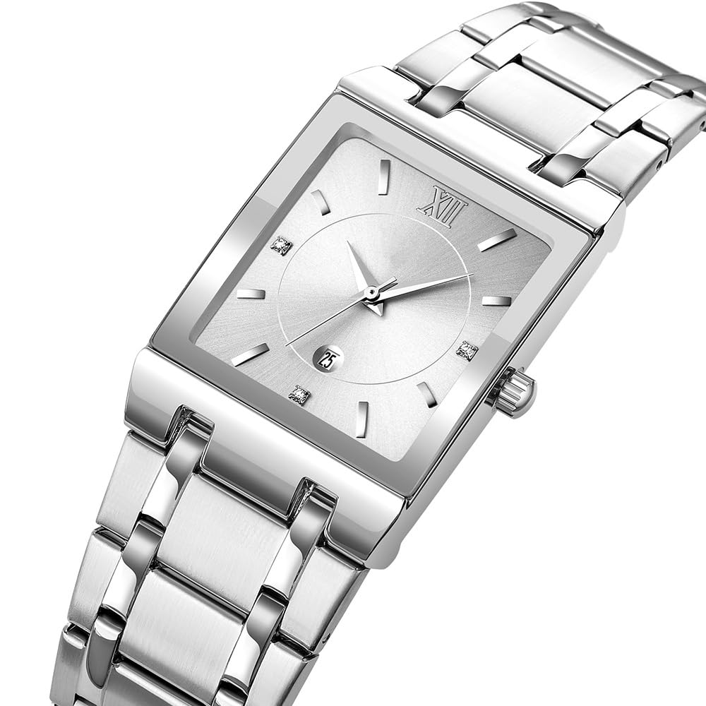 Reginald Fashion Square Watches for Men Date Waterproof Analog Quartz Watch Stainless Steel Fashion Business Casual Wristwatch