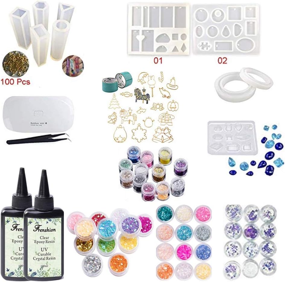 2X100ML Crystal Clear Transparent Epoxy Resin UV-led Resin Non-Toxic, 48 Pcs Decoration with Tweezer, 17 Open Metal Bezel with Tape,10 Resin molds with 100 Rings, with UV LED Lamp