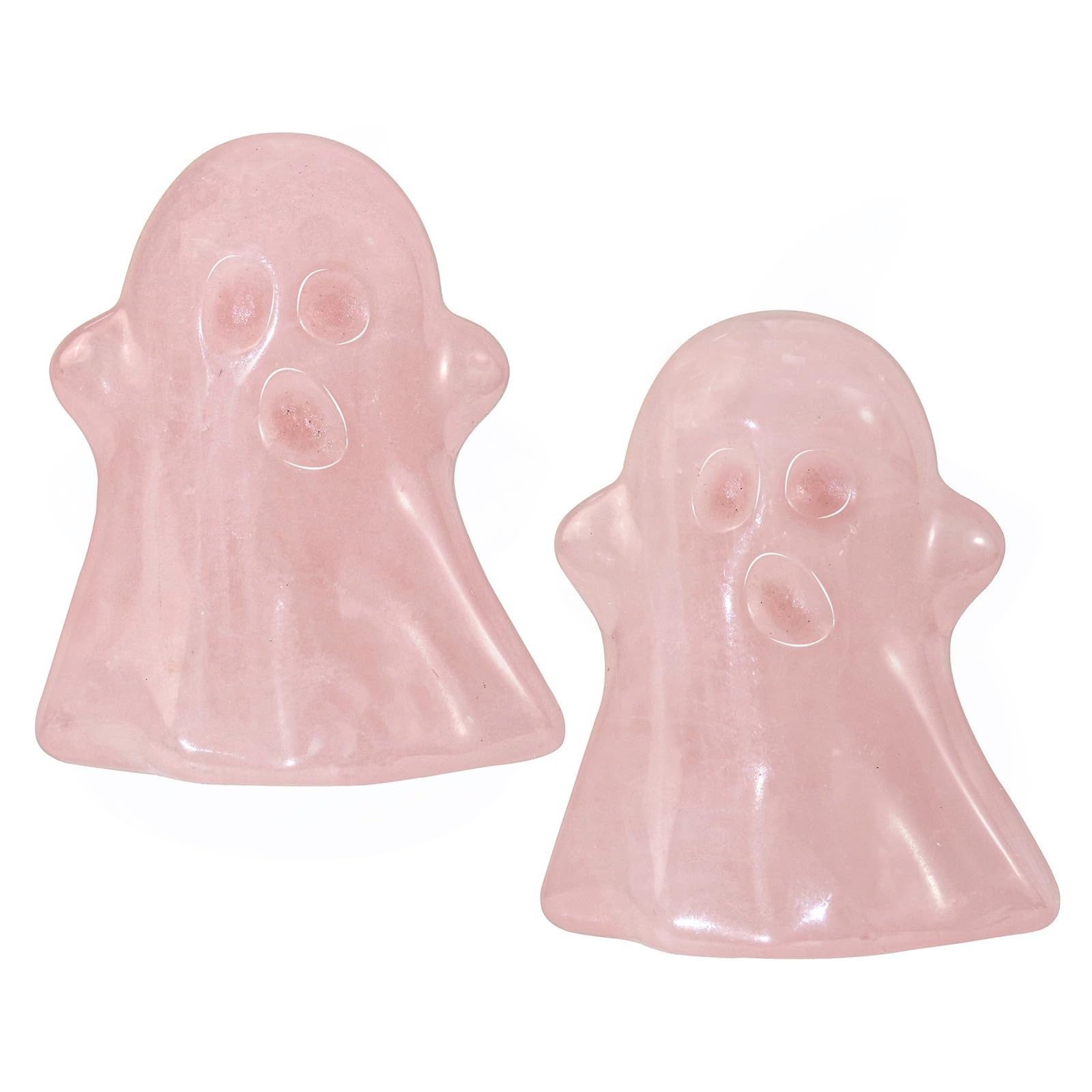 Nupuyai 2pcs Rose Quartz Crystal Stone Mini Halloween Ghost Statue Set, Carved Stone Figurine Healing Stone Figure Ornament Home Party Decor