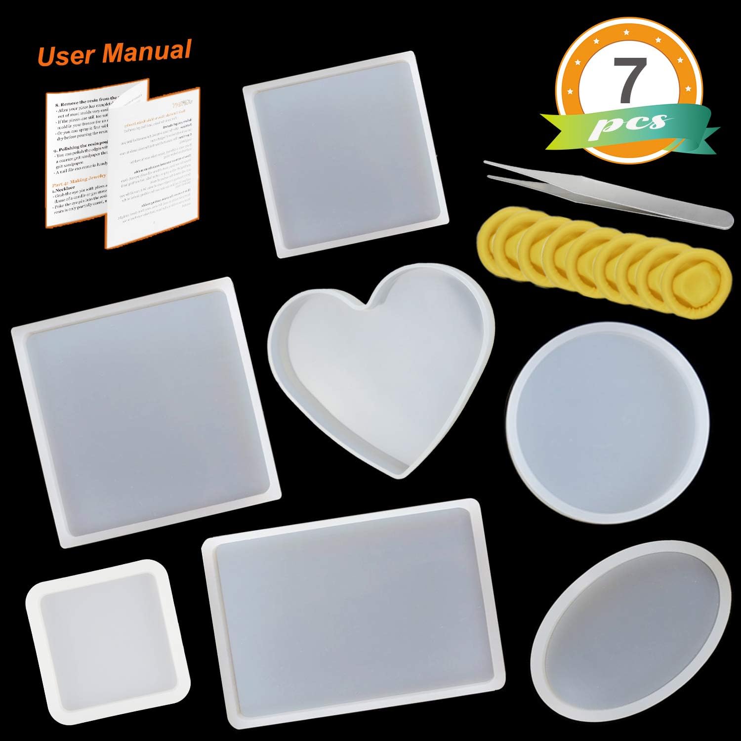 Let's Resin Silicone Resin Moulds 7pcs Resin Casting Moulds Including Round, Square, Rectangle, Ellipse, Heart Coaster Molds, Epoxy Resin Molds for DIY Coasters