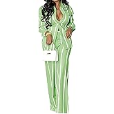 Remelon Women's Casual Two Piece Outfits Striped Long Sleeve Collar Button Down Shirt Blouse High Waist Wide Leg Pants Sets