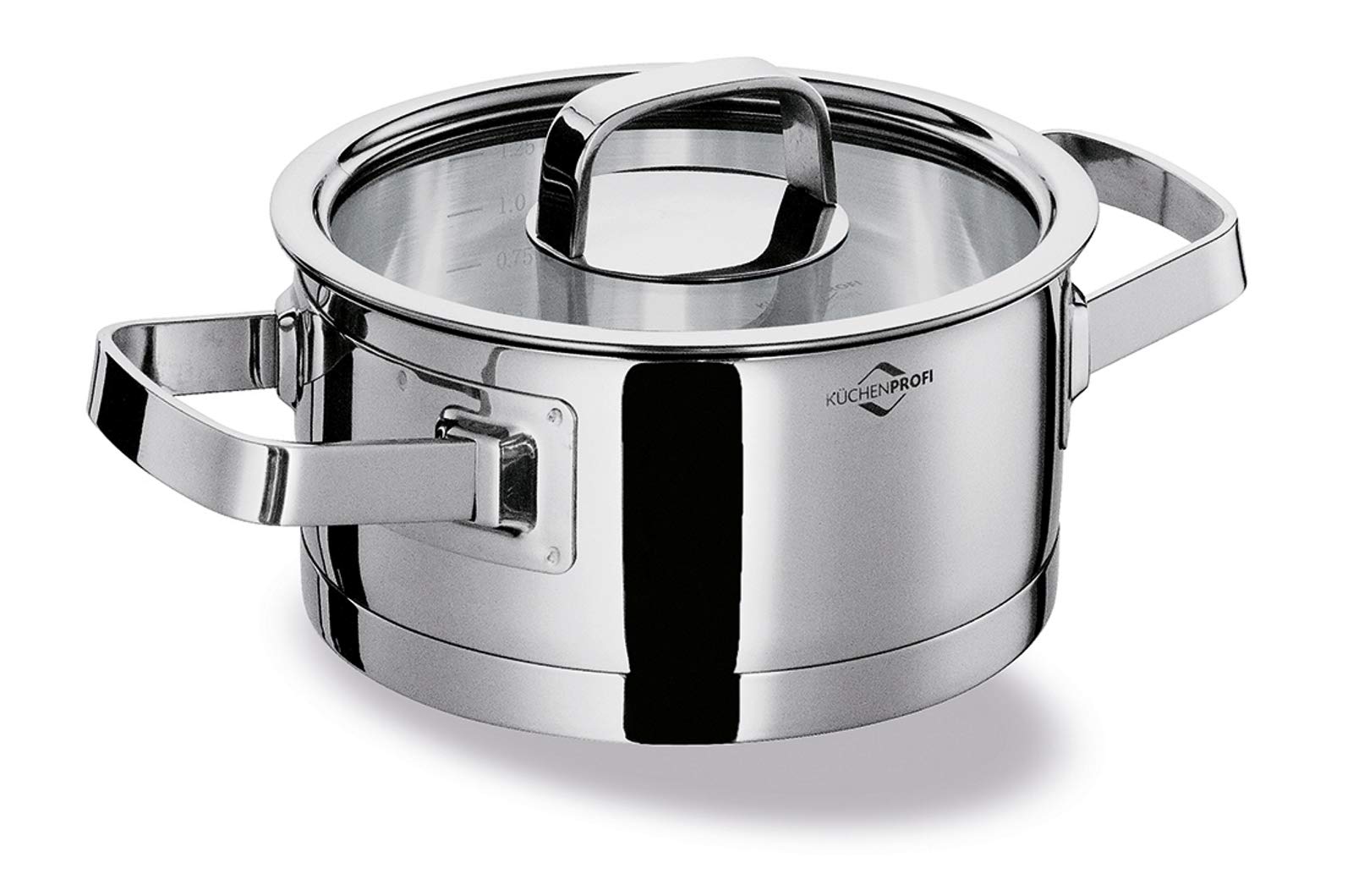 Küchenprofi SAN REMO Stewing Pot 16 cm Height 7.5 cm Cooking Pot 1.25 L Induction Pot Stainless Steel Safety Glass Lid