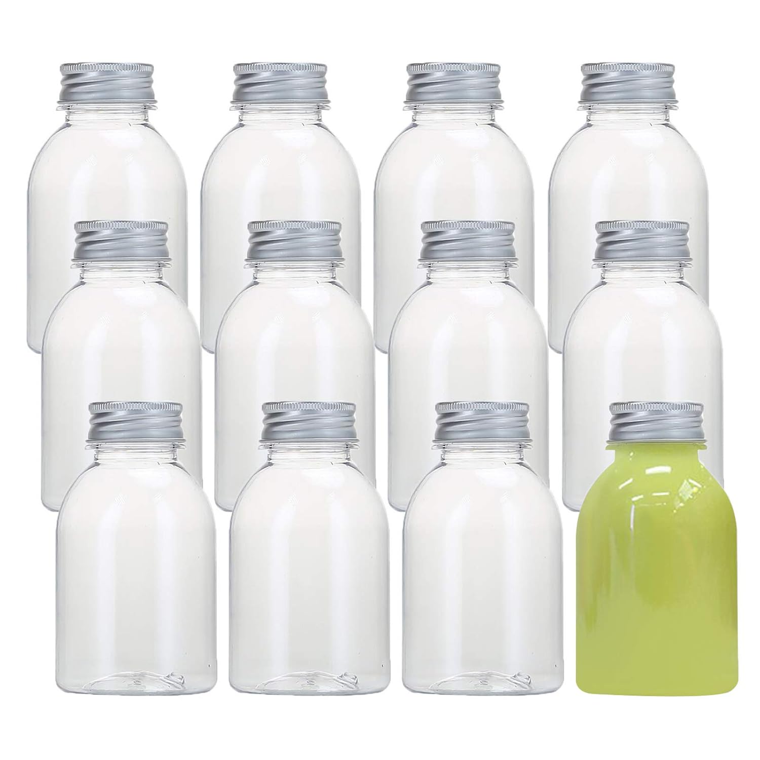 12 Pcs Empty Plastic Juice Bottles, 8oz/250ml Reusable Clear Disposable Containers with Silver Aluminum Lid, for Juice, Milk and Other Beverages