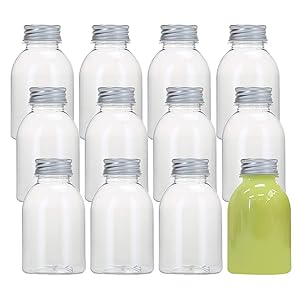 12 Pcs Empty Plastic Juice Bottles, 8oz/250ml Reusable Clear Disposable Containers with Silver Aluminum Lid, for Juice, Milk and Other Beverages