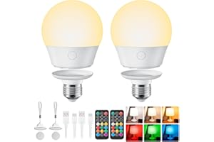 Brightown E26 Rechargeable Light Bulb with Remote and Timer, Battery Backup Bulb for Sconces and Lamps, Magnetic Bulbs for Non-Hardwired Fixture, 3 Color Temperatures + 9 RGB Colors, Dimmable, 2 Pack