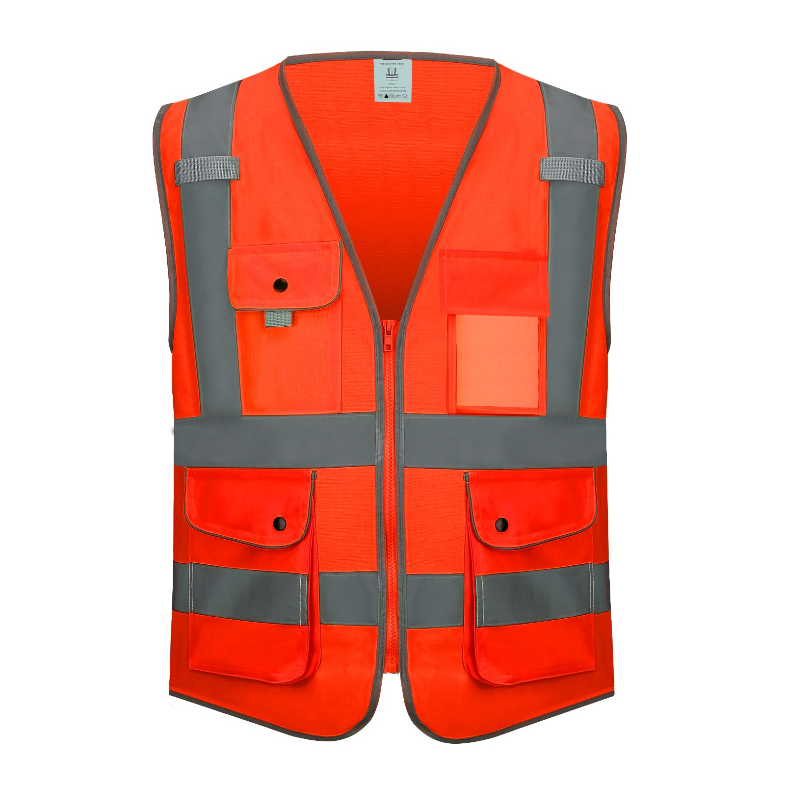 Hi Vis Safety Vest EN ISO 20471 – High Visibility Reflective Vest with 7 Pockets & Side Hand Pockets, Zipper Front Workwear for Construction, Security, Cycling & Winter Use – Orange/Yellow(Orange, M)
