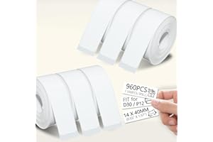 LIFMEGIK 960 Pcs White Label Tape Set, 6 Rolls - Water-Resistant, Tear-Proof, Compatible with D30/P12, Any 12x40mm Mini Label Makers, Sticker Thermal Paper for Office, Home, DIY Projects (160 Labels/Roll)