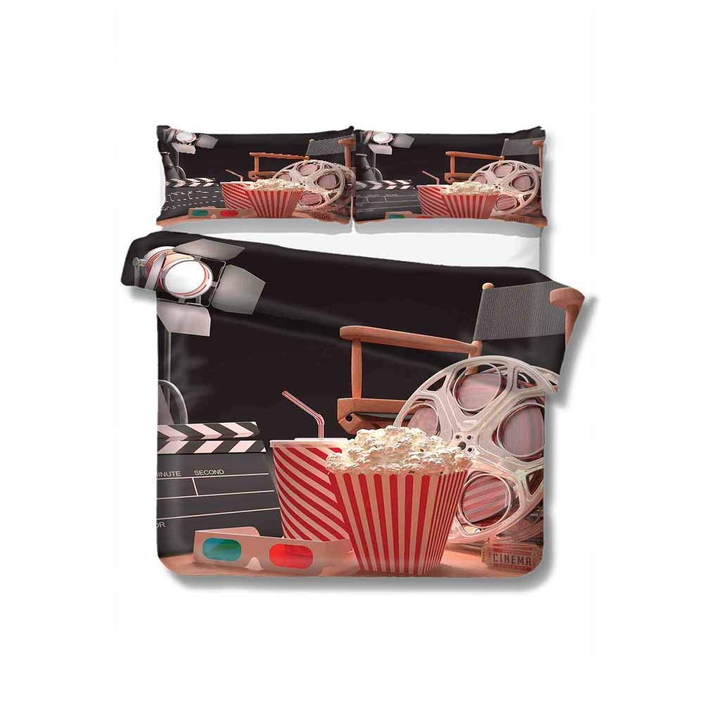 Luoiaax Movie Theater 3-Pack (1 Duvet Cover and 2 Pillowcases) Bedding Objects of The Film Industry Hollywood Motion Picture Cinematography Concept Polyester (King) Multicolor