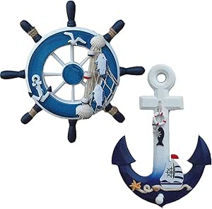 Tangger 23CM Rueda de Barco de Madera y 28CM Ancla Madera Decoración de