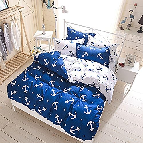 Hxiang 3pcs Anchor Pattern Blue &amp; White Duvet Cover Flat Sheet Pillowcases Set NO Comforter (Full, white and blue)