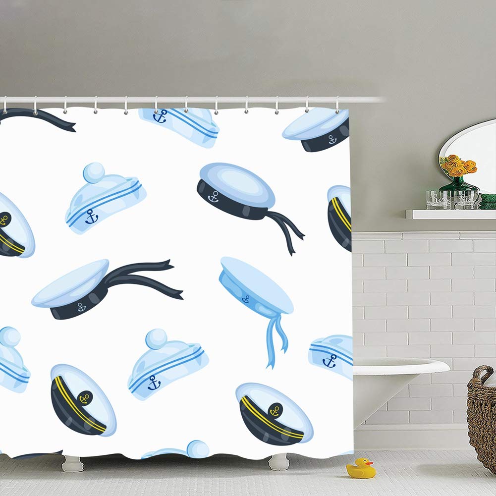 Marine Cap Sailor hat Peaked Backgrounds Textures Accessory Beauty Fashion Fabric Bathroom Decor Set with Hooks, 72 x 72 Inches
