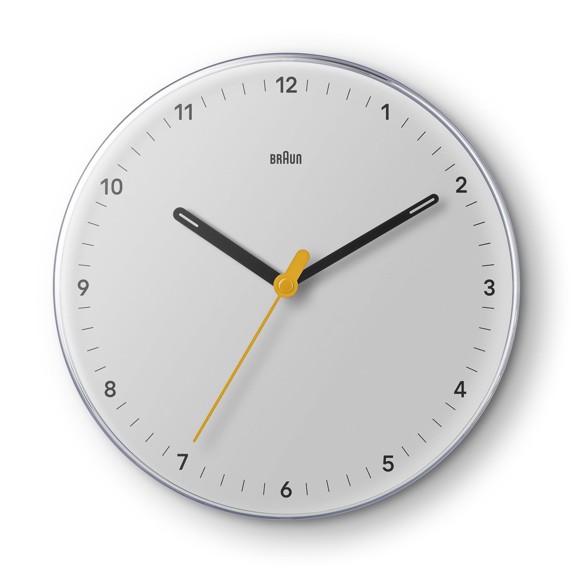 Braun Classic Analogue Wall Clock with Silent Sweeping Quartz Movement, Easy to Read, 23cm Diameter in White, Model BC26W.