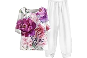 YMADREIG Womens Summer Linen Sets 2 Piece Lounge Sets Half Sleeve T Shirts with Cotton Linen Pants Plus Size Vacation Outfits