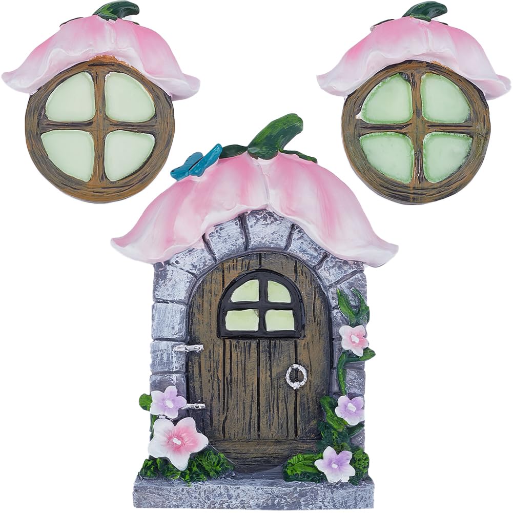 GORGECRAFT Fairy Gnome Door Windows Home Tree Decor Glow in Dark Miniature Fairies Sleeping Door Art Sculpture for Wall Trees House Outdoor Garden Yard Lawn Decorations Mini Ornament