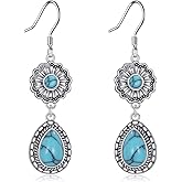 TIGER RIDER Turquoise/Moonstone/Red Agate/Black Onxy/Amber Dangle Earrings for Women 925 Sterling Silver Flower Hook Western Teardrop Earrings Bohemian Jeweley Gift