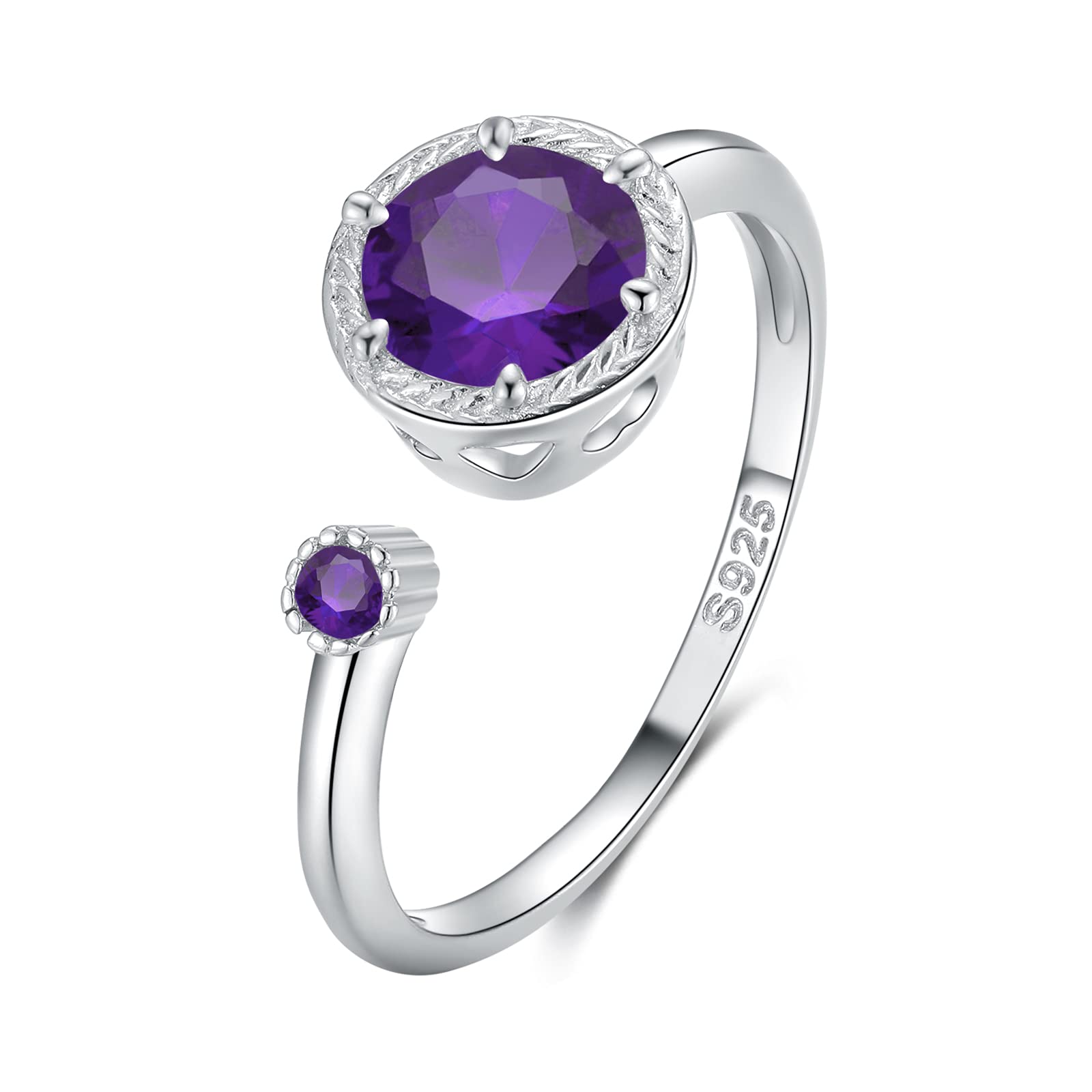 Qings Amethyst Ring Sterling Silver February Birthstone Ring Adjustable Size Dainty Open Gemstone Ring for Women Girls