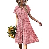 chouyatou Women's Summer Flutter Sleeve Midi Long Gingham Dress Plaid Button Down Shirt Dress