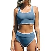 CUPSHE Women's Bikini Sets Two Piece Swimsuit Scoop Neck Tank Wide Straps Midkini Stitching