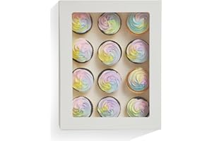 qiqee 12 Cupcake Boxes with Window 16 Packs White Cupcake Box 13"x10"x3.5" Bakery Boxes for Cupcakes 12 Cupcake Carrier, Cupc