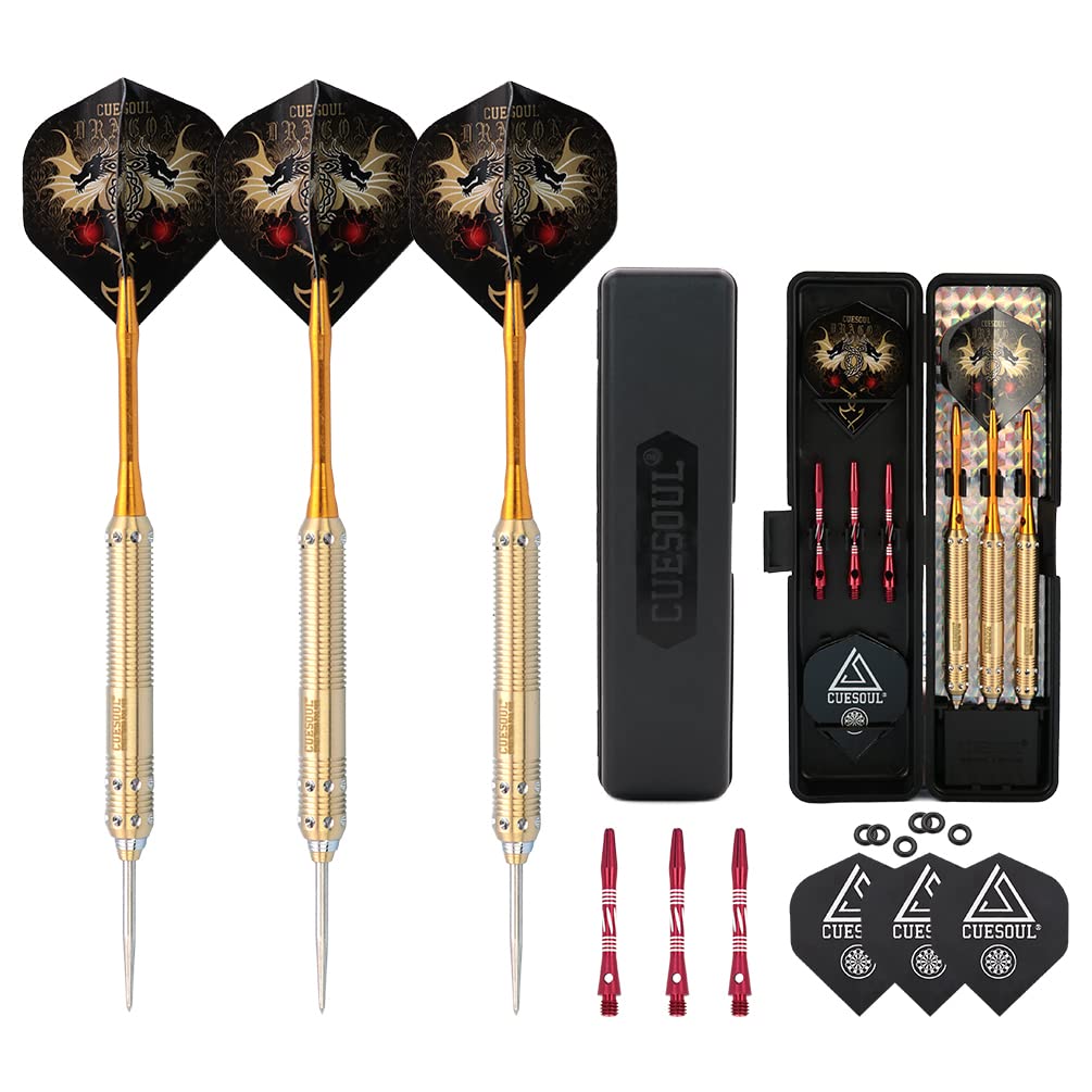 CUESOUL Dragon Series Steel Tip Darts Set 23 Grams Brass Barrels Durable Aluminum Shafts Great Grip Accuracy Good solid Accurate Darts Case Portable (JL-SL-J2107)