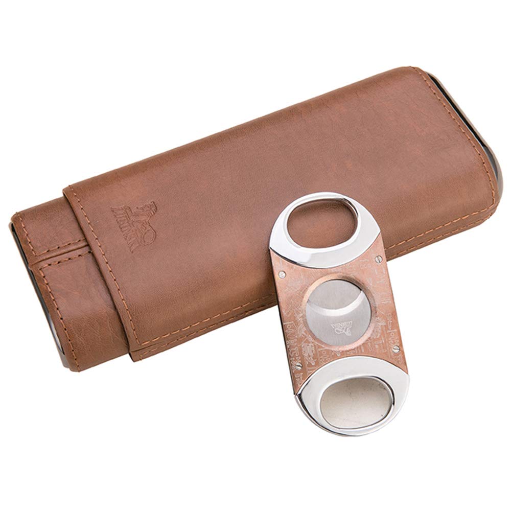 LUBINSKI 3 Tube Leather Cigar Case Cedar Wood Lined Cigar Humidor with Cigar Cutter, Cigar Holders Case Cigar Gift Set Packed With Nice Gift Box (Brown)