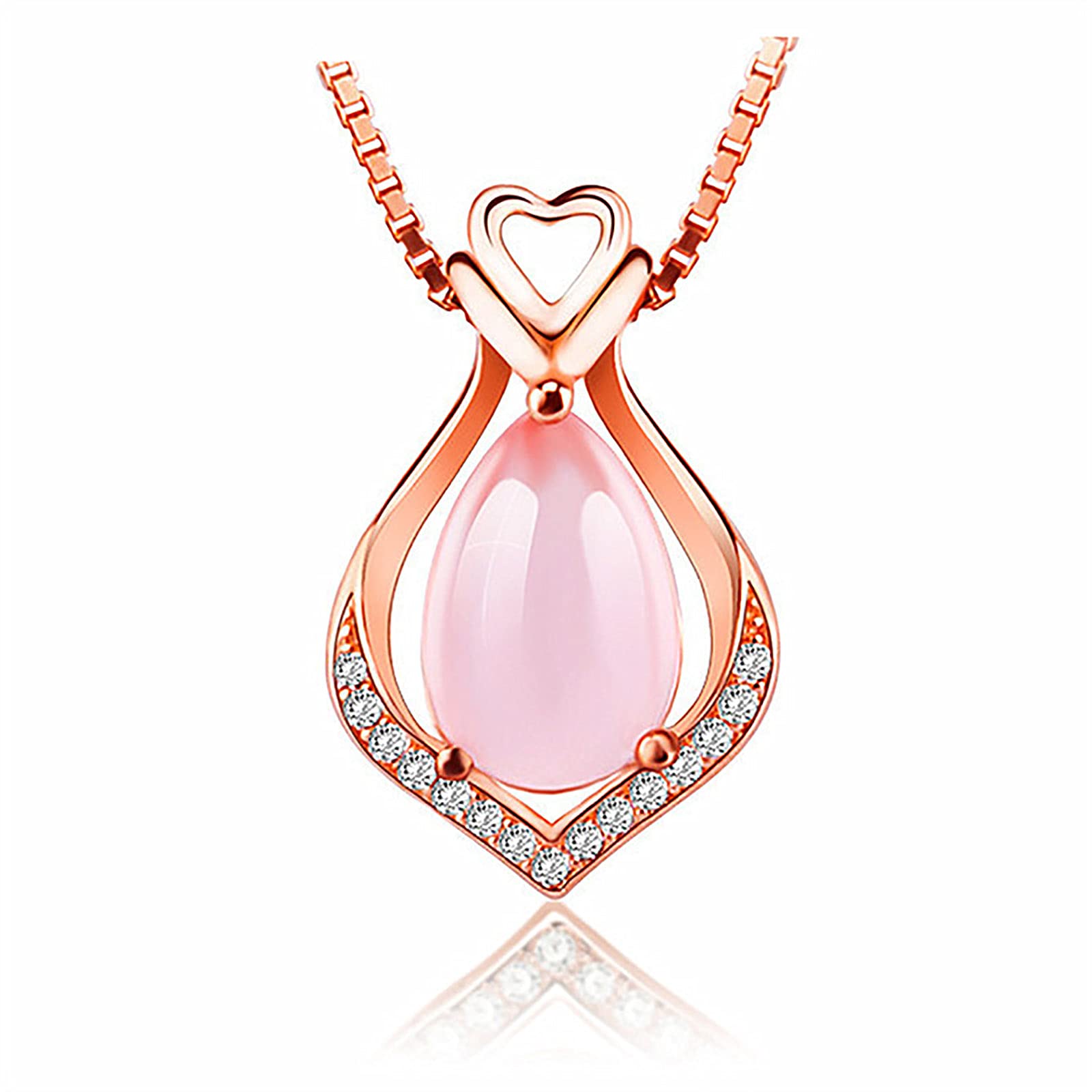 Rose Quartz Pendant Necklace Pink Crystal Teardrop Chain Natural Gemstone Healing Chakra Opal Stone Jewelry for Women Girls (Rose Gold C)