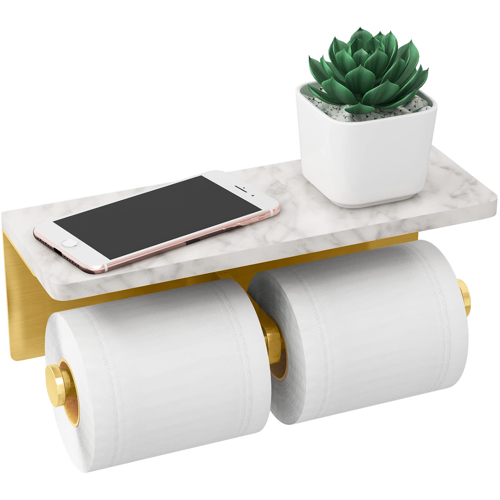 Photo 1 of Brushed Gold Toilet Paper Holder with Shelf, New Upgrade Double Toilet Paper Holder with Storage, Marble Roll Toilet Paper Wall Mount for Bathroom Washroom