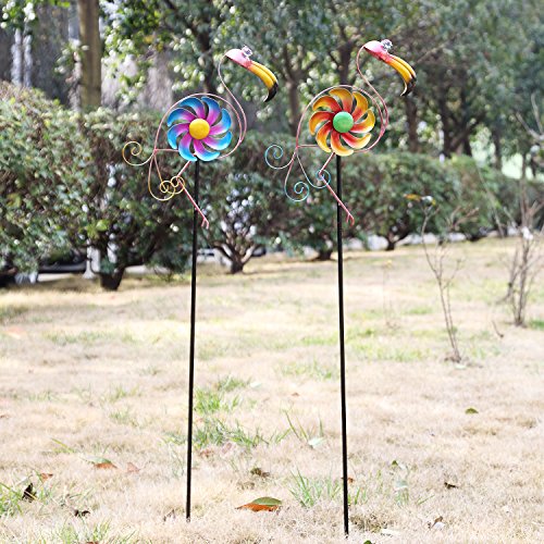 CEDAR HOME Wind Spinner Sculpture Garden Stake Outdoor Cute Metal Stick Art Ornament Figurine Decpr for Lawn Yard Patio by, 10.75" W x 2.25" D x 49.5" H, 2 Set, Flamingo - Thumbnail 6
