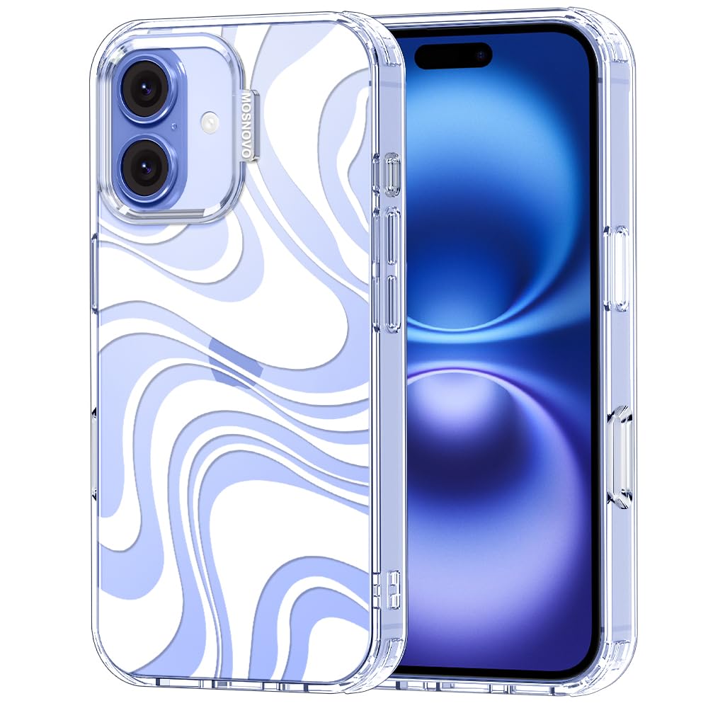 MOSNOVO Case for iPhone 16 Plus, [Buffertech 6.6ft Military-Grade Drop Protection] [Anti Peel Off Tech] Clear TPU Bumper Phone Case Cover Design - White Swirl