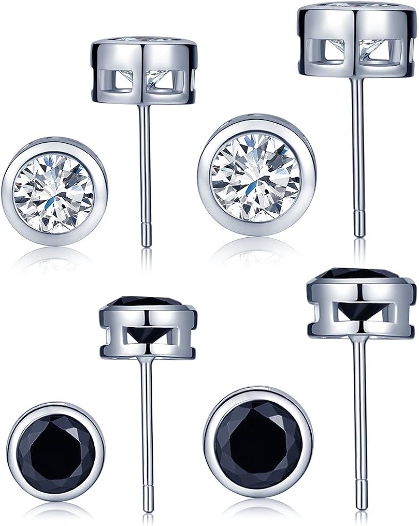 Yumilok Jewelry Women's Men's 4 works 925 Sterling Silver Black White Cubic Zirconia Round Studs Hypoallergenic Earring Set