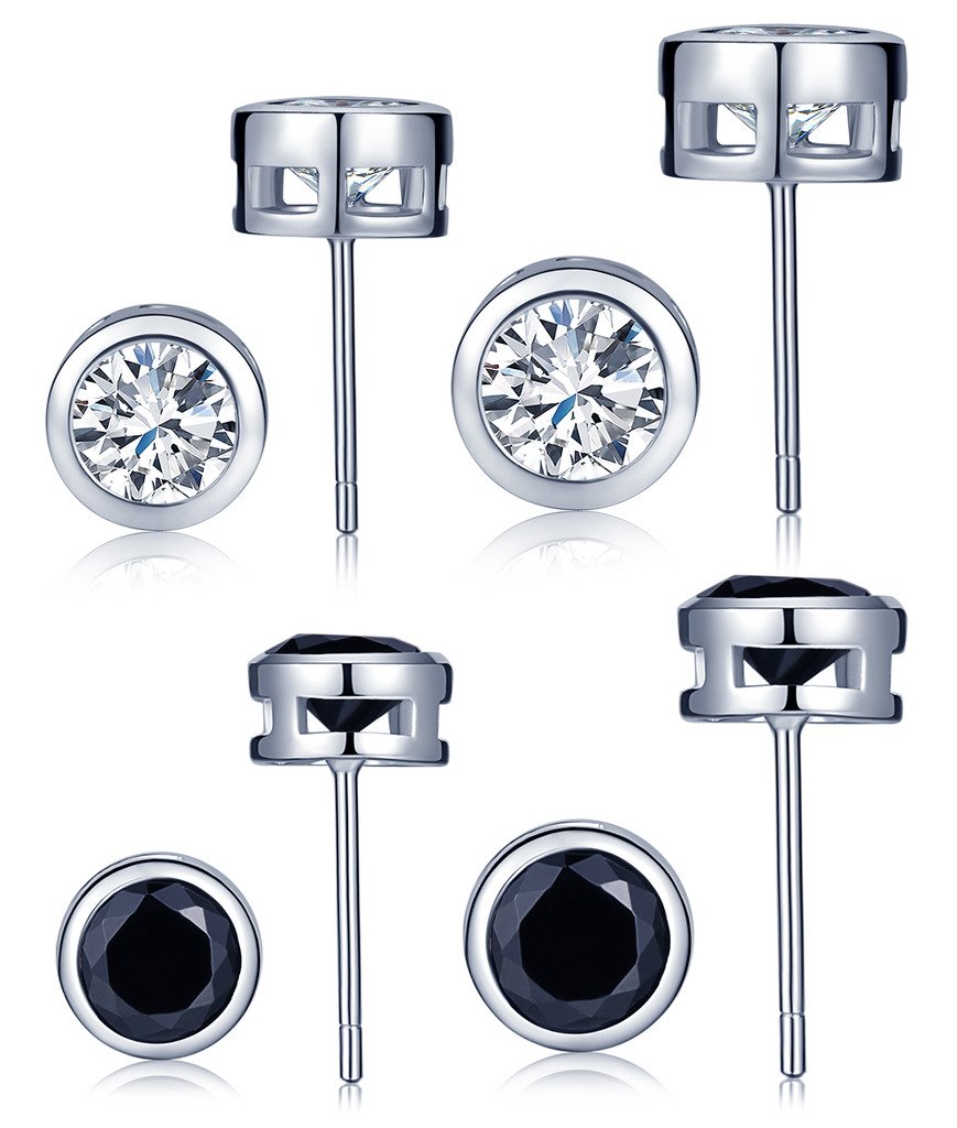 Yumilok Jewelry Women's Men's 4 Pairs 925 Sterling Silver Black White Cubic Zirconia Round Studs Hypoallergenic Earring Set