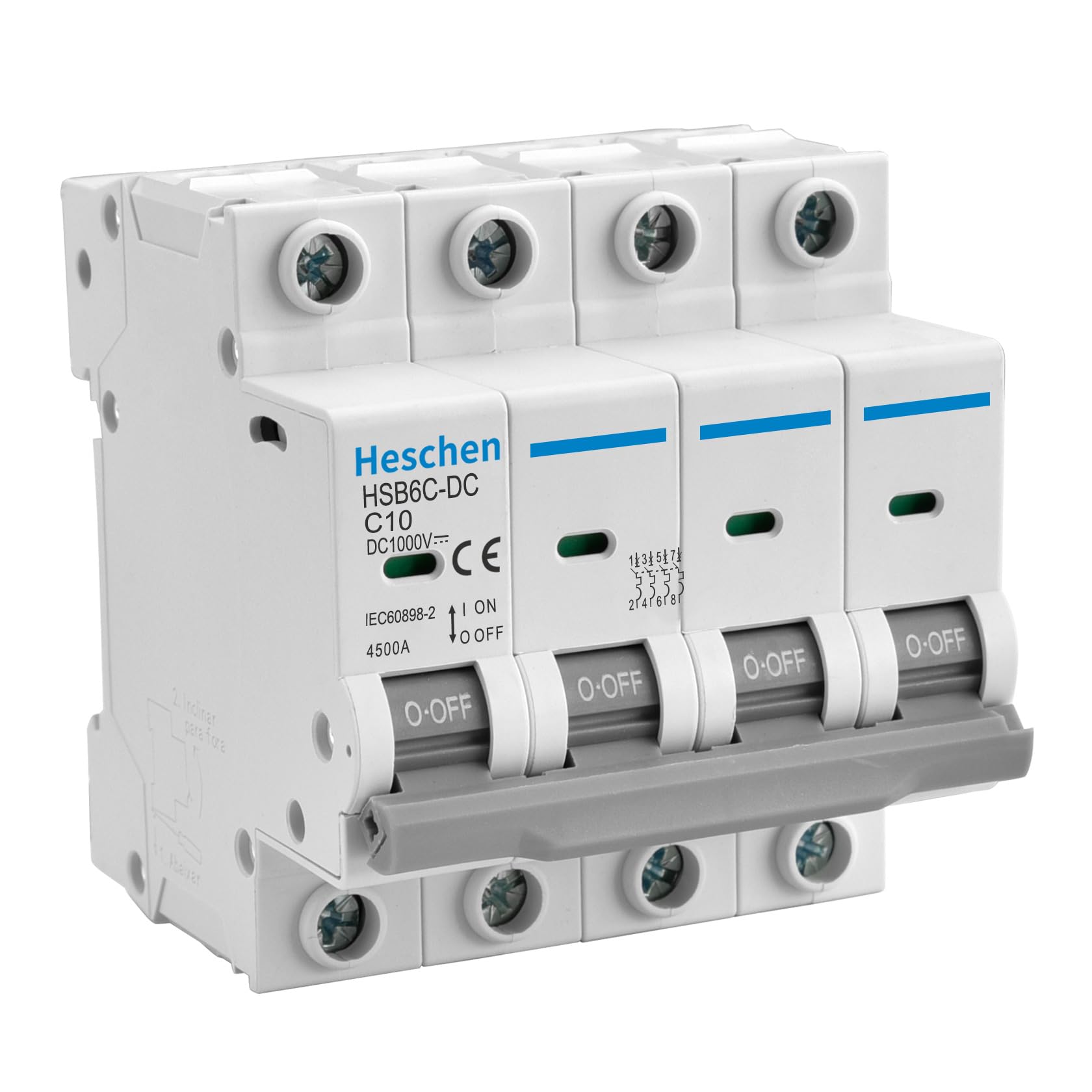 Heschen DC Miniature Circuit Breaker, HSB6C-DC, 4 Poles, DC1000V 10A, Photovoltaic Circuit Breaker, for Solar PV System Solar Panels Grid System, 35mm DIN Rail Mounting