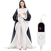 HOW'S MY HOUSE Wearable Heated Blanket with Sleeves and Foot Pocket, 52"x72" Electric Blanket for 6 Heat Settings, 12-Hour Timer, Flannel & Sherpa, Charcoal