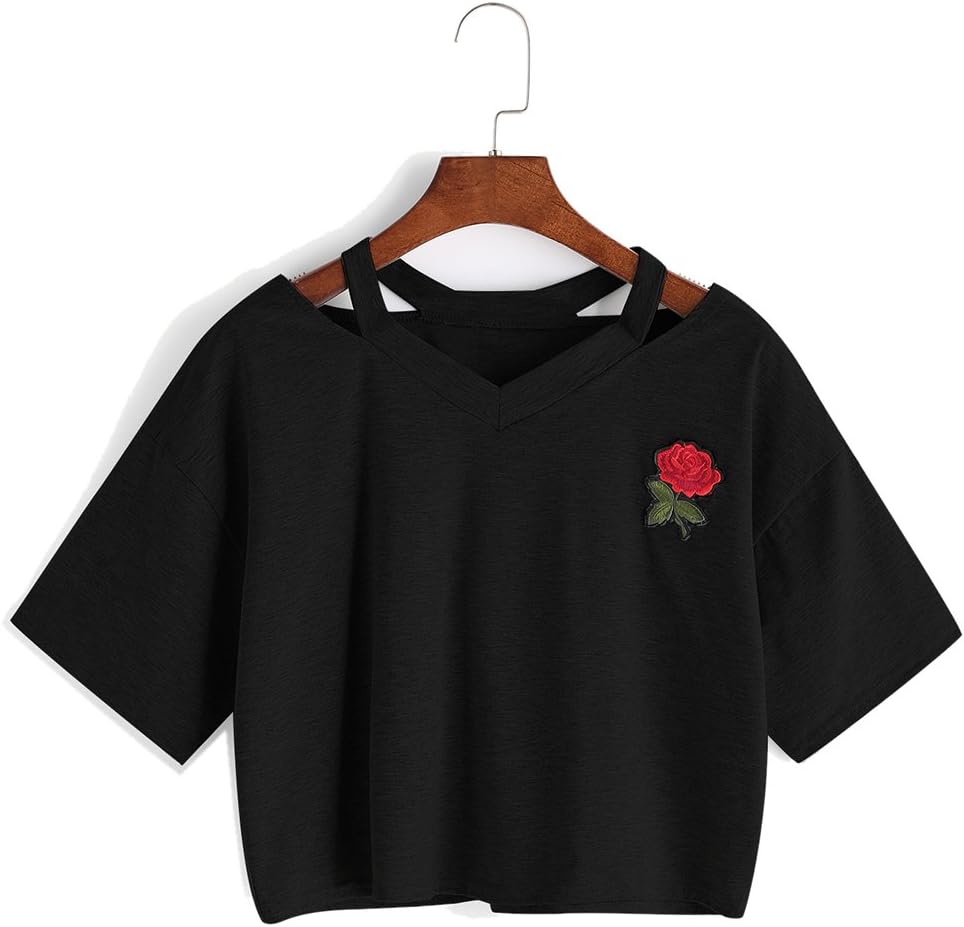 Bestag Embroidery Teen Girls Rose Crop Top Slim Tees Short Sleeve T-Shirt