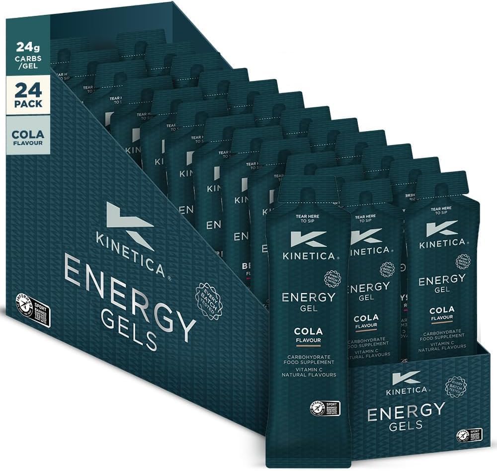 Kinetica Sports Caffeine Free Quick Release Energy Gels - Cola Flavour | 24g Carbohydrates/Serve | 24 x 70g Pack | Vegan & Gluten-Free | Fast Acting Energy Source | Boost Energy & Easy to Digest