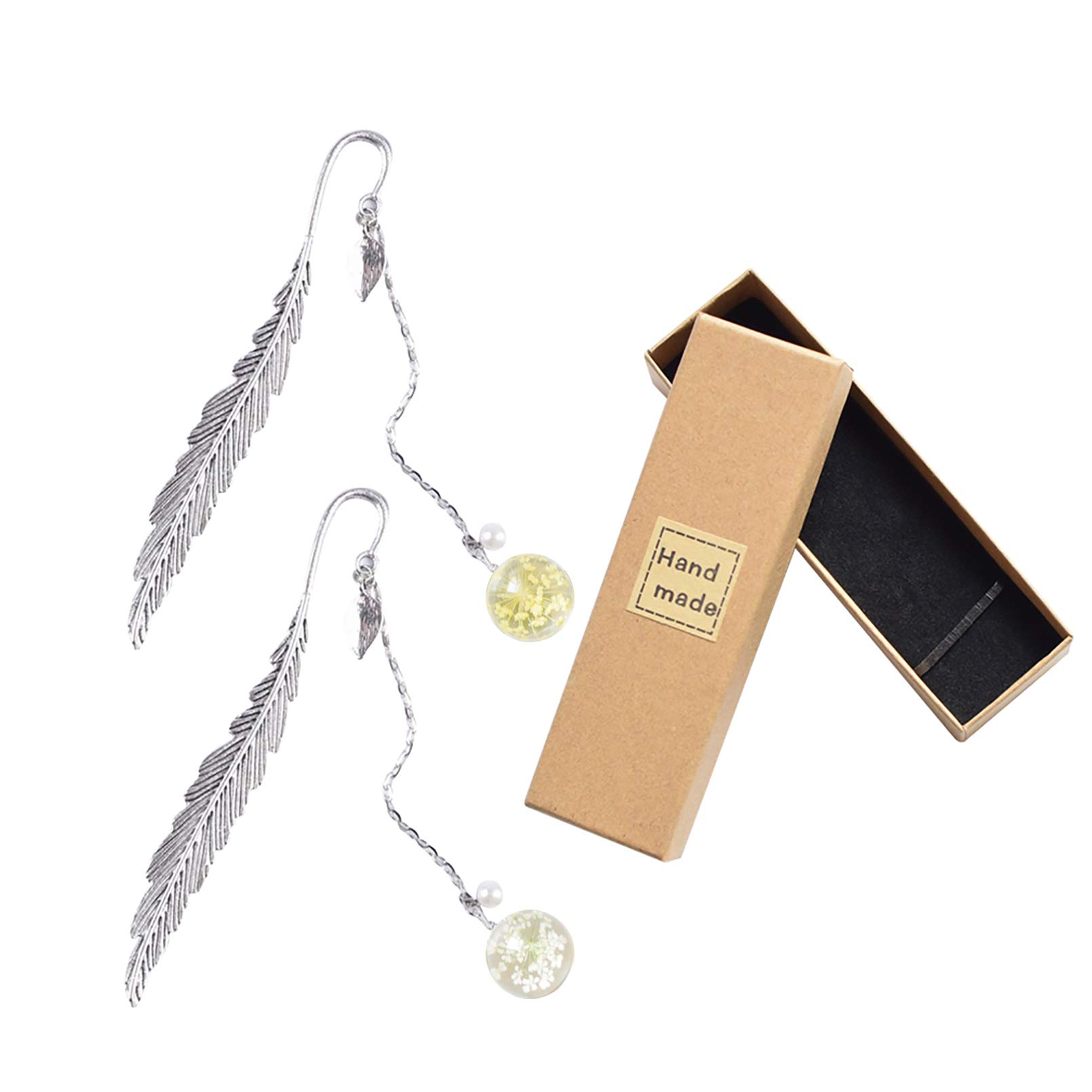 2Pcs Metal Silver Feather Bookmark with Dried Flower Specimen Pedant Classic Book Page Marker for Reading Women and Men White and Yellow